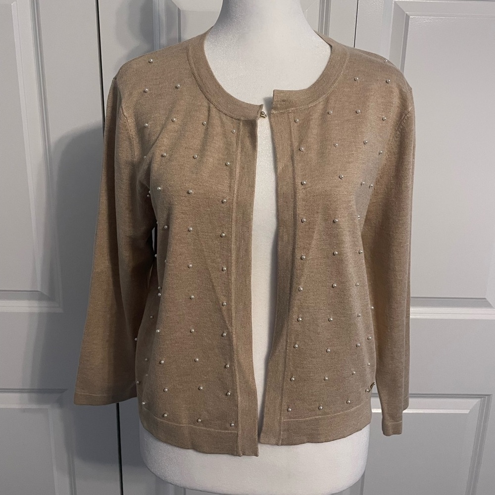 Calvin Klein tan cropped cardigan with pearl details